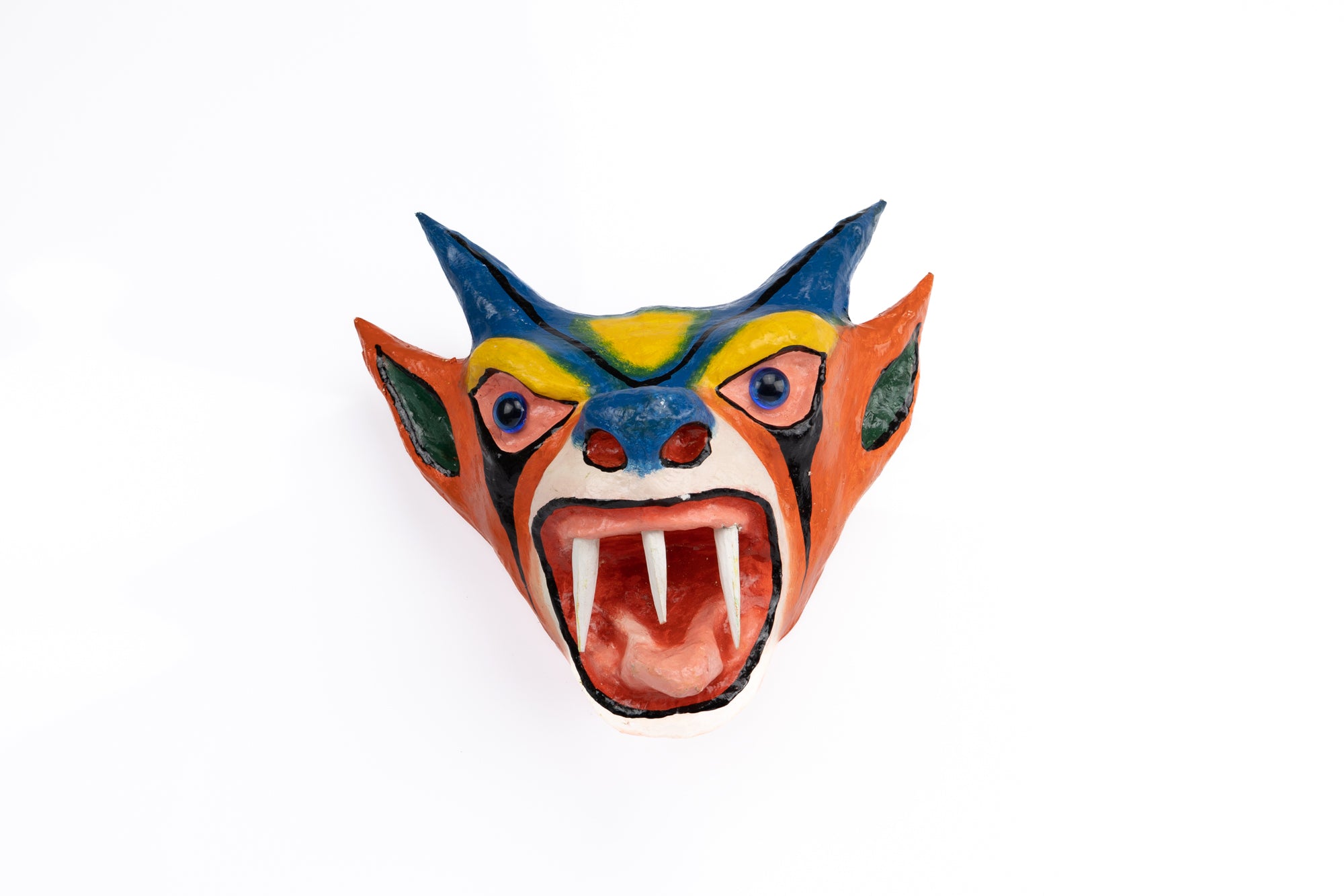 Blue Horns Orange Ears Paper Mache Mask