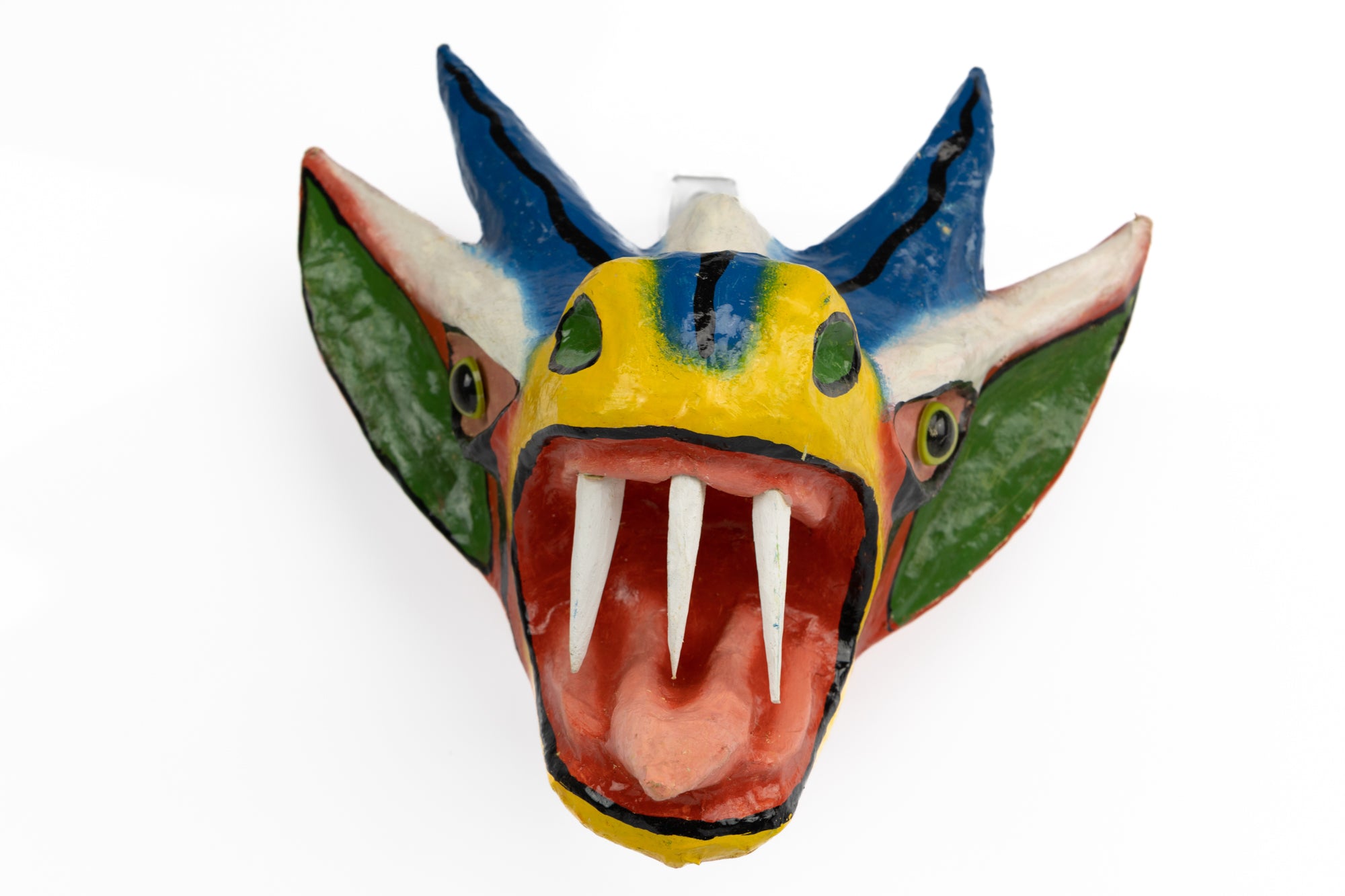 Blue Horns Green and White Ears Paper Mache Mask
