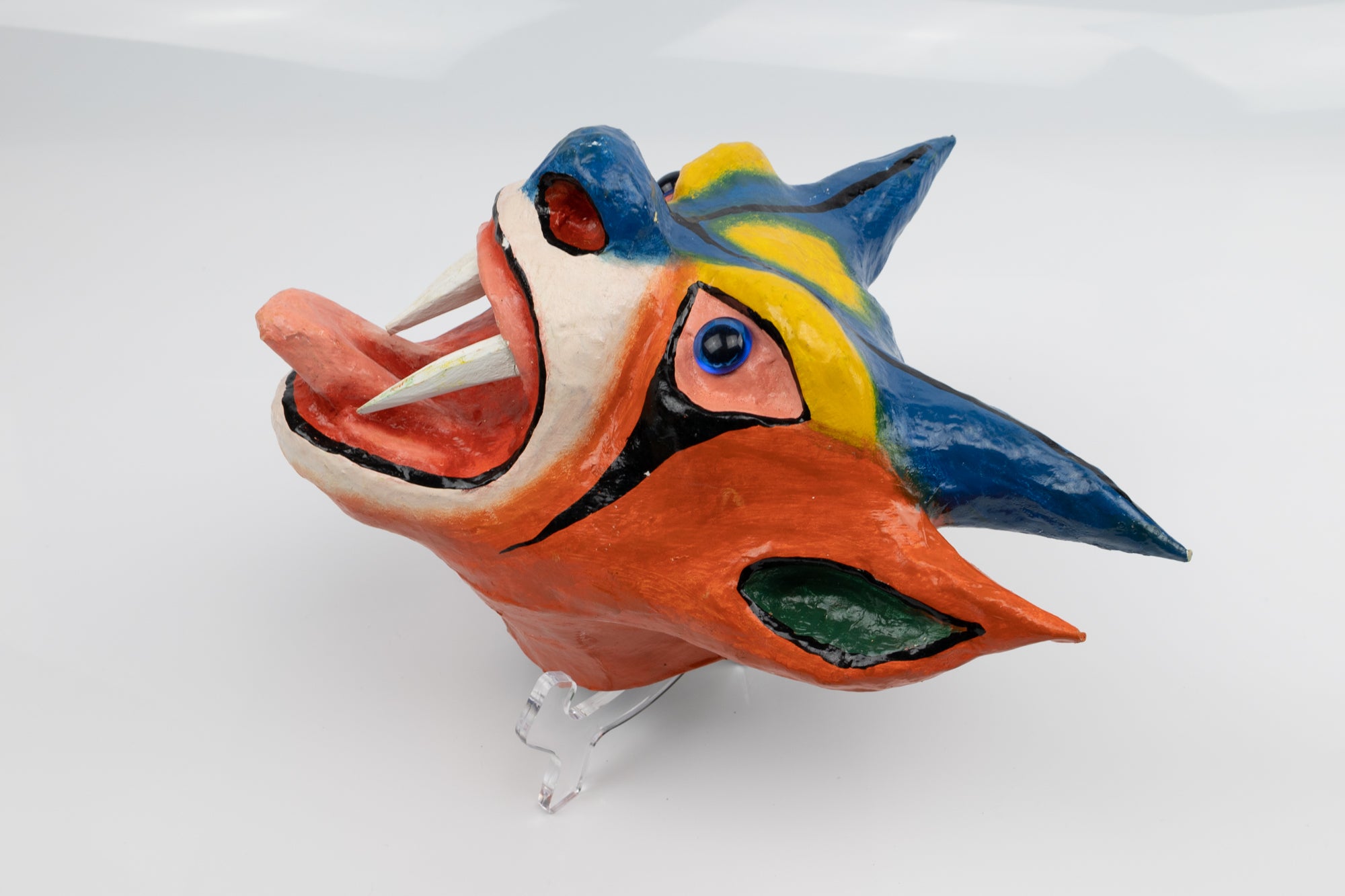 Blue Horns Orange Ears Paper Mache Mask