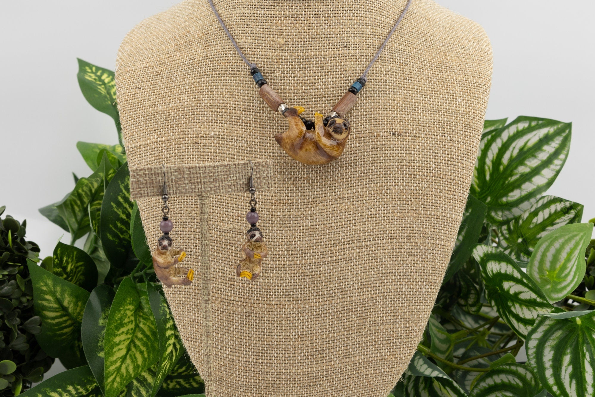 Hand Carved Sloth Necklace and Earrings Panama