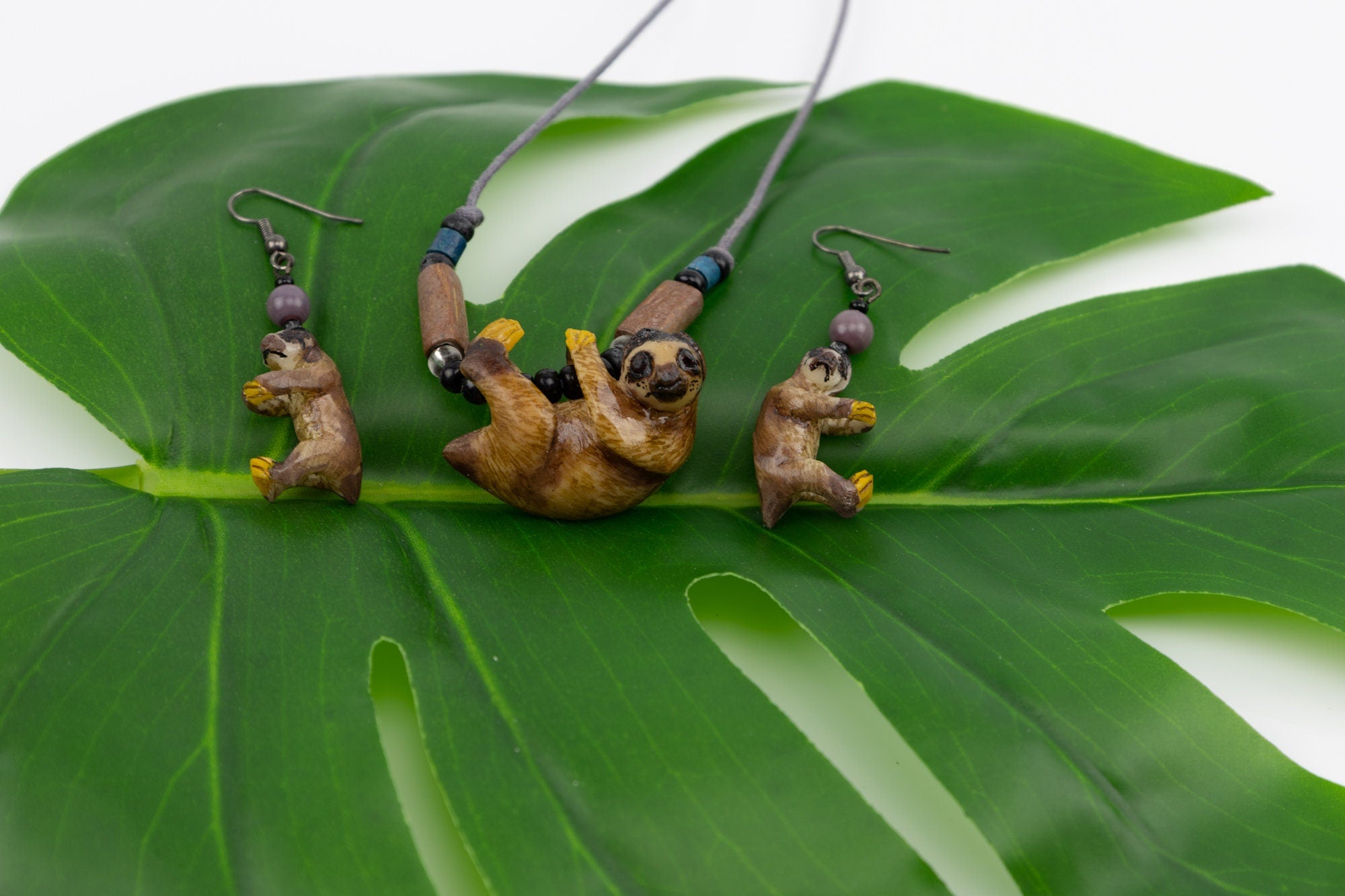 Hand Carved Sloth Necklace and Earrings Panama
