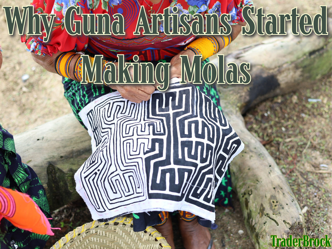 A Kuna (Guna) woman is seated, focused on sewing a colorful mola, a traditional hand-stitched textile art native to the Guna people of Panama and Colombia.