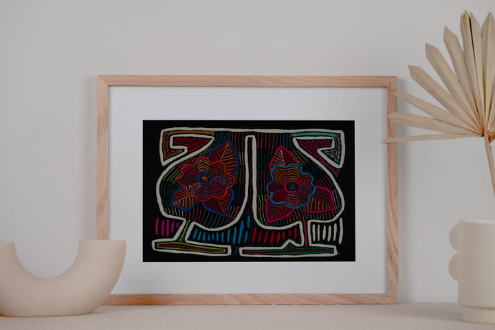 Traditional Black White And Red Floral Flower Mola
