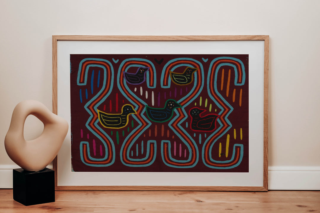 Traditional Burgundy Turquoise And Orange Duck Mola
