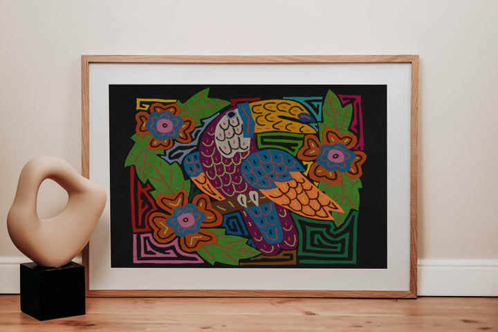 Bright Purple Toucan with Flowers Mola