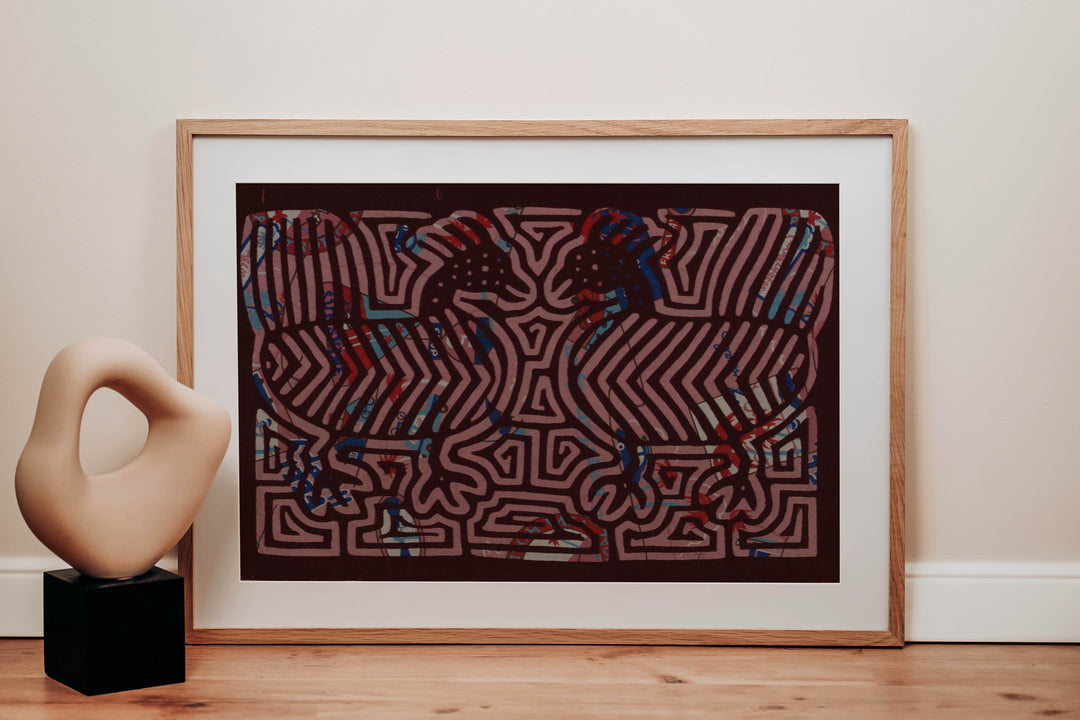 Panama mola panel, two goonie birds with chevron bodies and fan tails, hand stitched reverse applique
