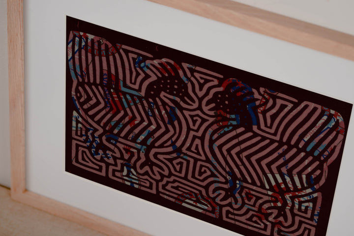 Hand stitched Guna mola from Guna Yala Panama, mirrored birds over a printed background cloth