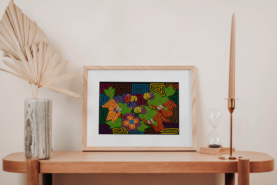 Three Colorful Parrots with Flowers Mola