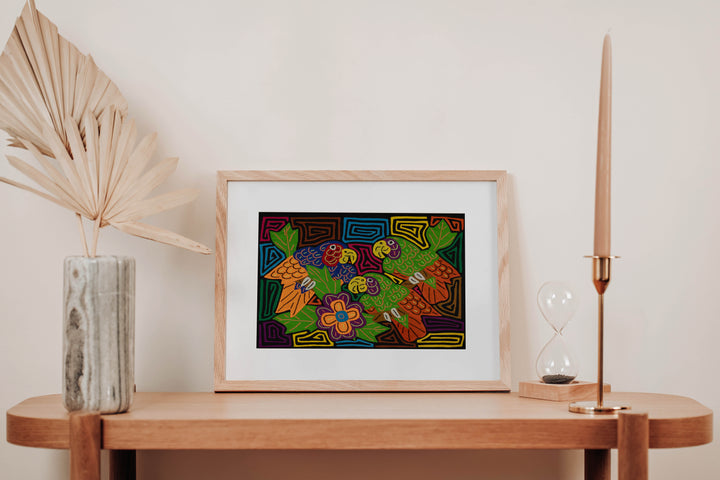 Three Colorful Parrots with Flowers Mola