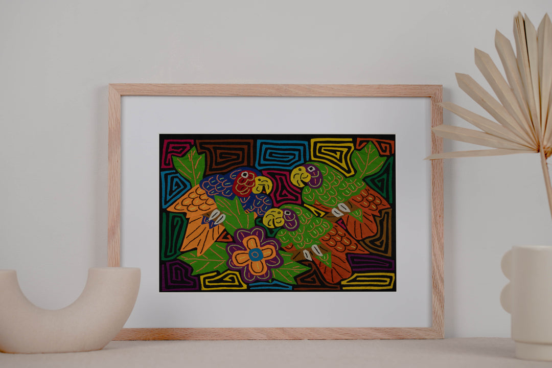 Three Colorful Parrots with Flowers Mola