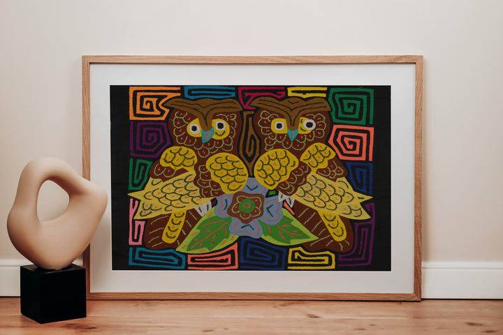 Panama Owls Surrounded by Jungle Flowers Mola