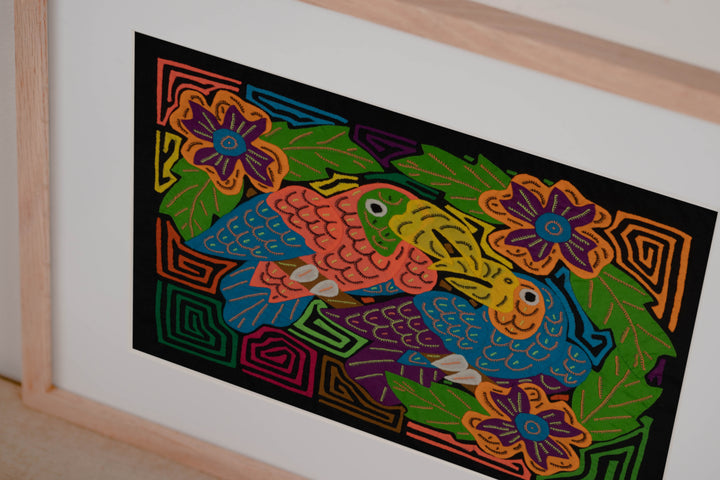 Orange And Blue Vibrant Parrot Pair and Flowers Mola