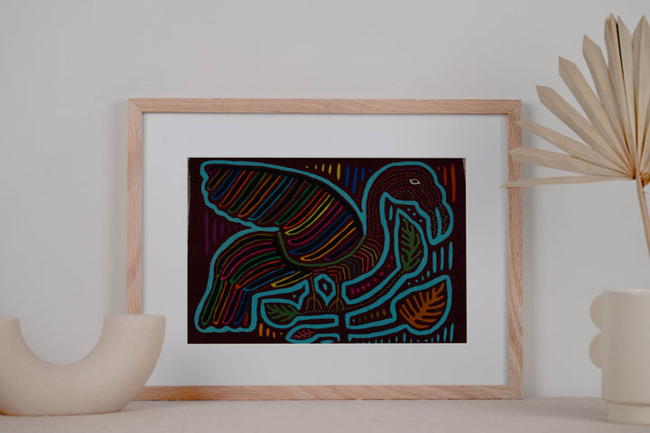 Traditional Maroon And Turquoise Swan Bird In Flight Mola
