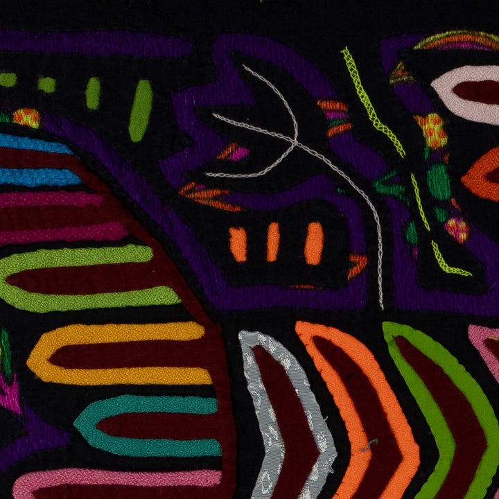 Panama mola panel, striped wings and a chevron body on black, hand stitched reverse applique