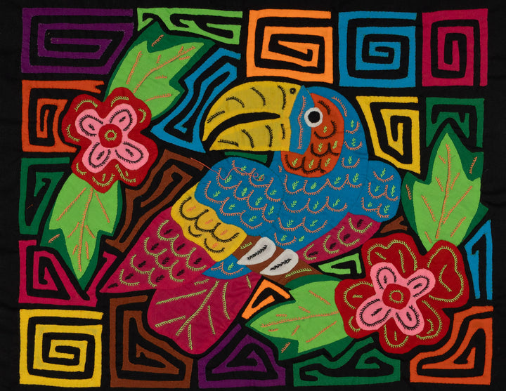 Blue Toucan Perched Among Jungle Flowers Mola