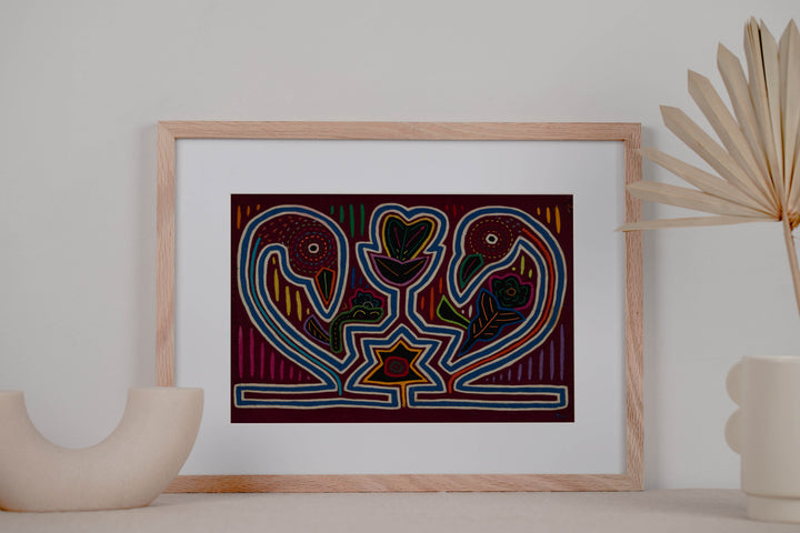 Traditional Burgundy Blue And White Coy Swan Mola
