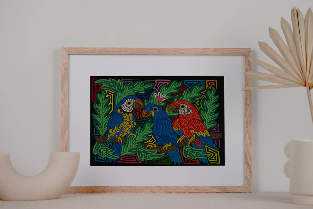 Fantasy Blue Green And Red Three Parrot Mola