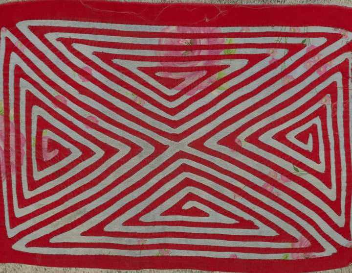 Red and gray floral background hourglass mola, hand stitched Guna panel from Panama, 16 by 11 inches