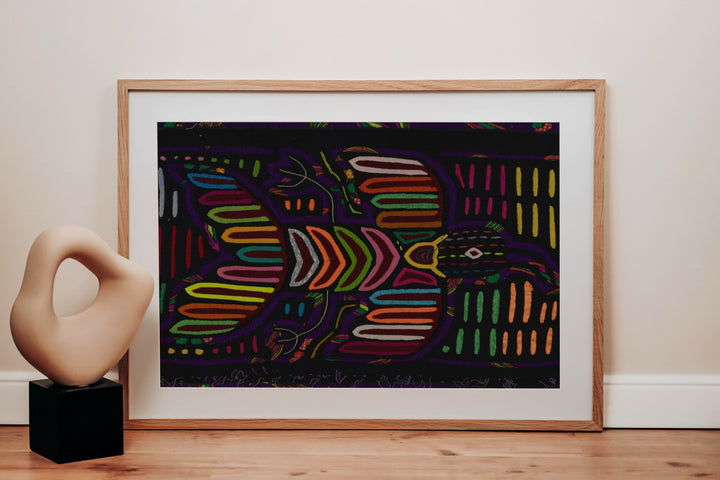Panama mola panel, striped wings and a chevron body on black, hand stitched reverse applique