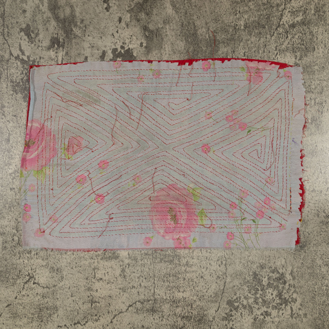 Red and gray floral background hourglass mola, hand stitched Guna panel from Panama, 16 by 11 inches
