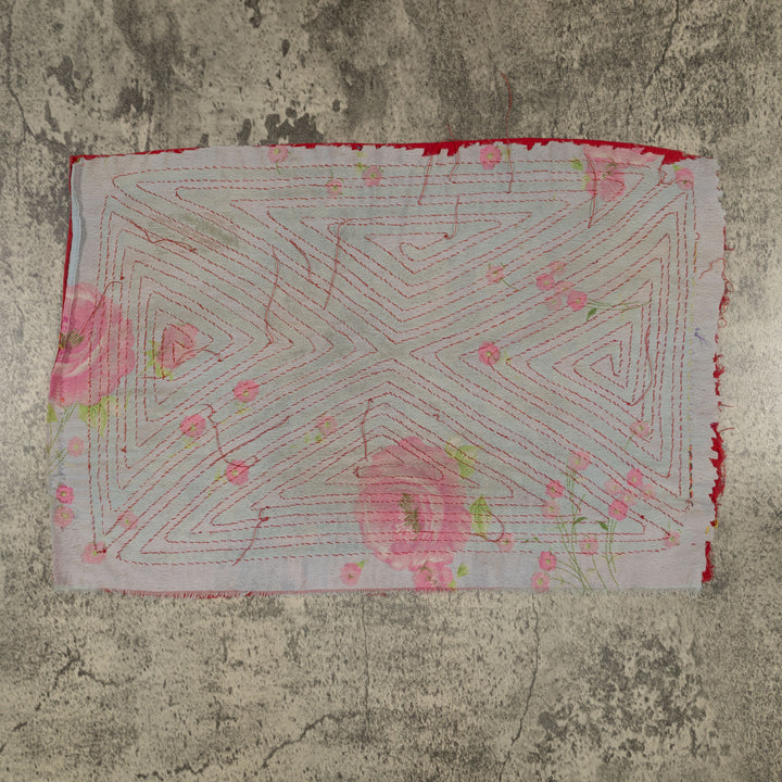 Red and gray floral background hourglass mola, hand stitched Guna panel from Panama, 16 by 11 inches