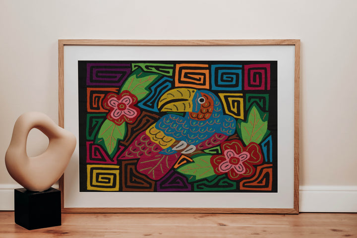 Blue Toucan Perched Among Jungle Flowers Mola