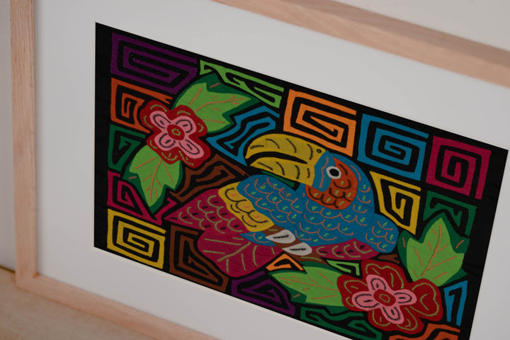 Blue Toucan Perched Among Jungle Flowers Mola