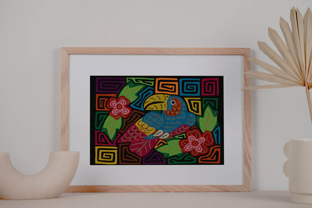 Blue Toucan Perched Among Jungle Flowers Mola