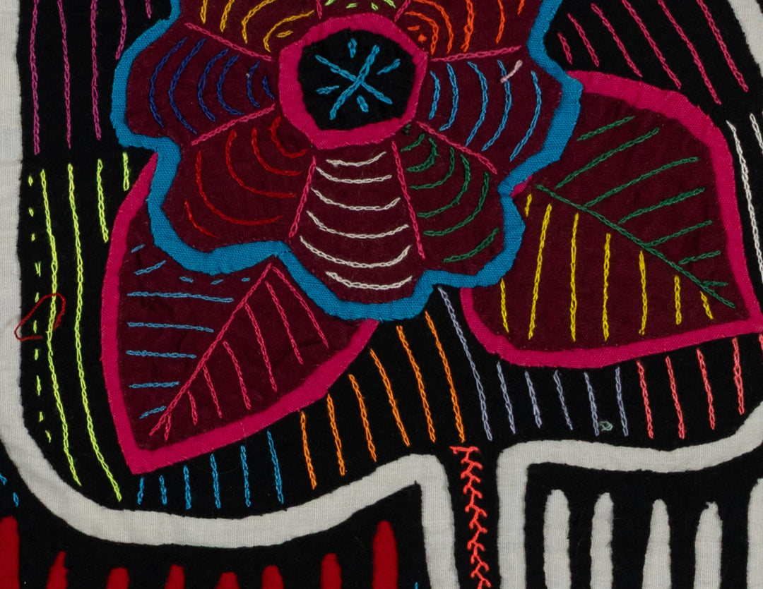 Traditional Black White And Red Floral Flower Mola