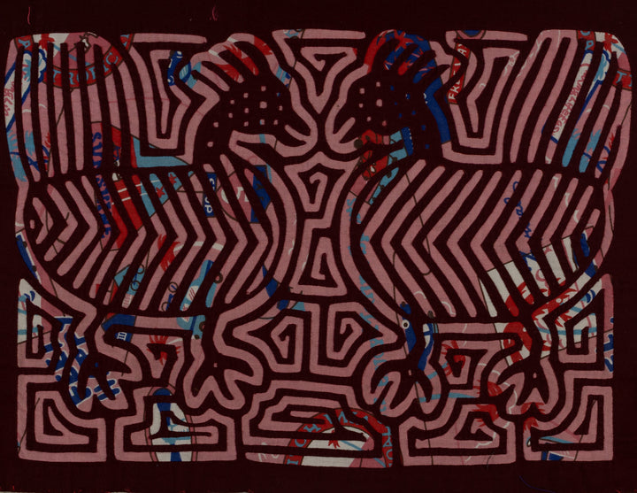 Two goonie birds on burgundy mola, hand stitched Guna panel from Panama, 15.5 by 11 inches