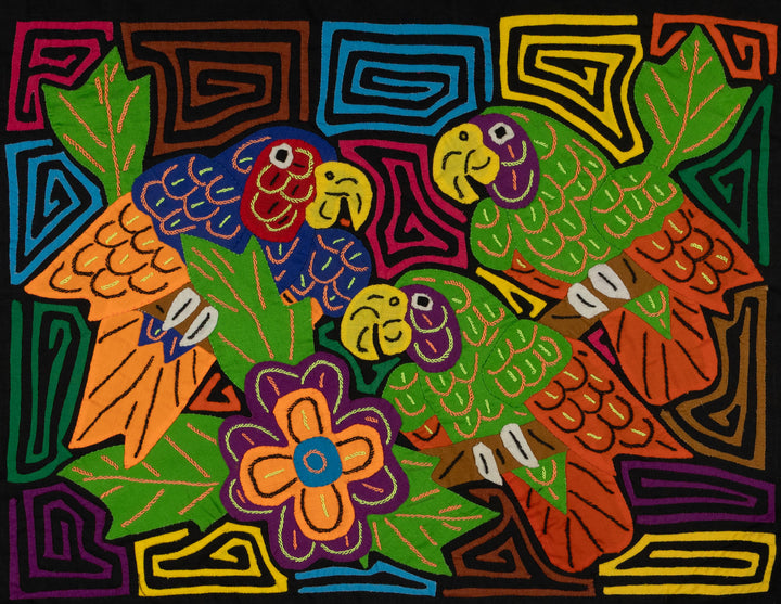 Three Colorful Parrots with Flowers Mola