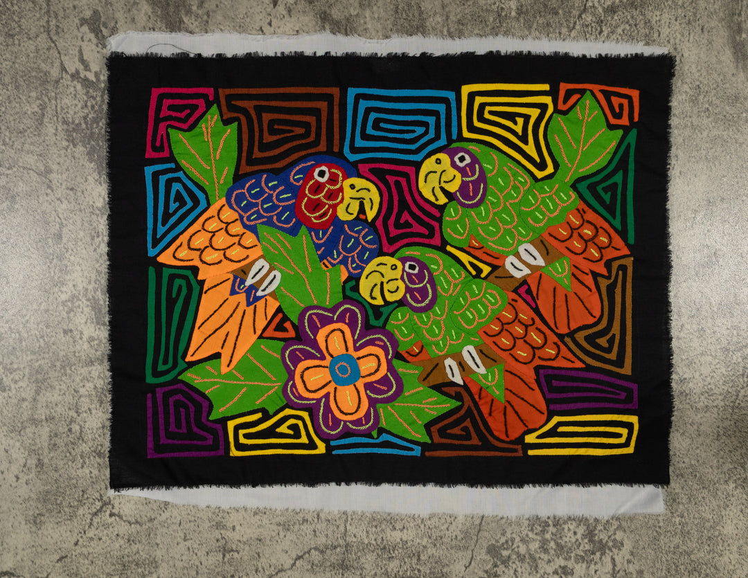 Three Colorful Parrots with Flowers Mola