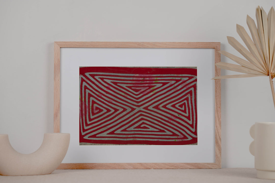 Red and gray floral background hourglass mola, hand stitched Guna panel from Panama, 16 by 11 inches