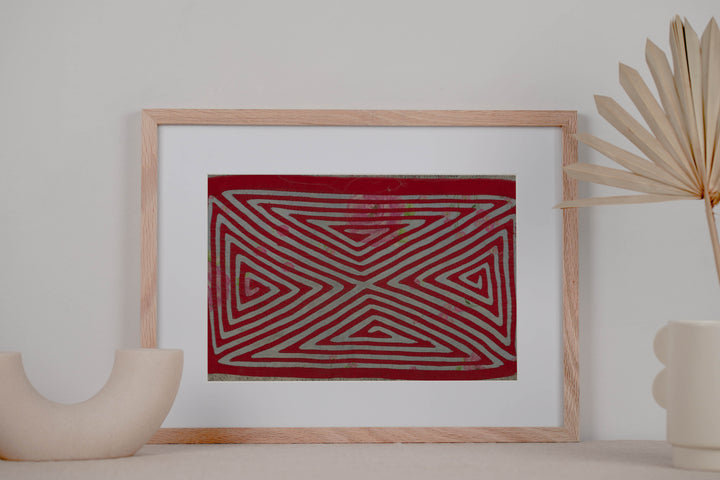 Red and gray floral background hourglass mola, hand stitched Guna panel from Panama, 16 by 11 inches
