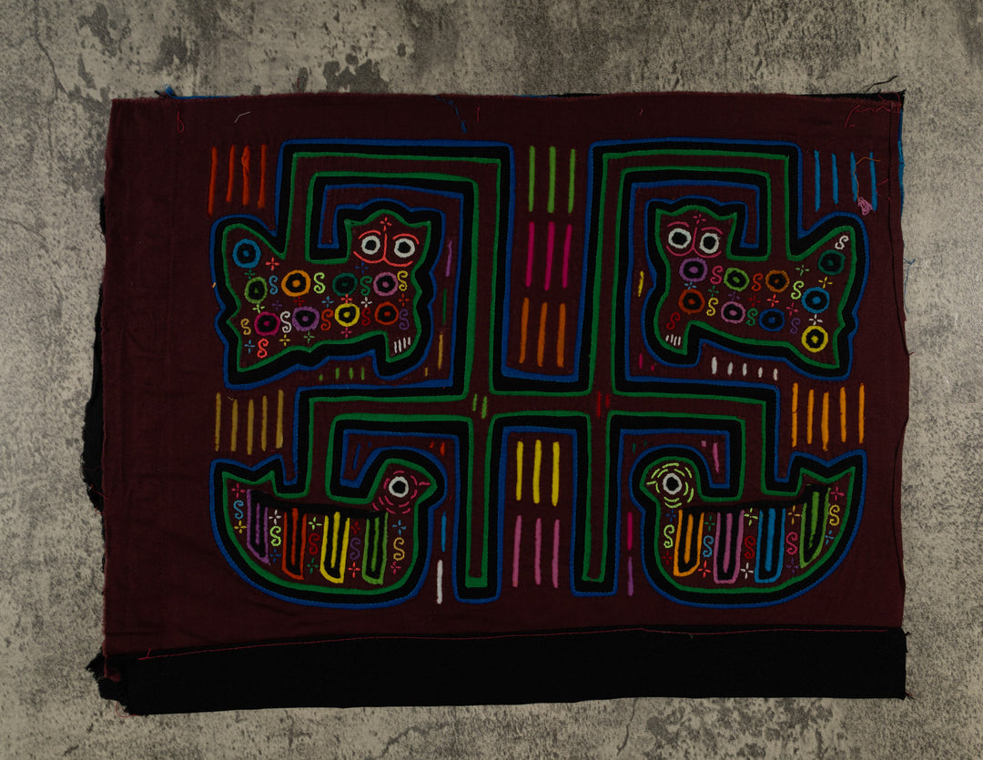 Maroon And Green Kitty Cat And Duck Mola