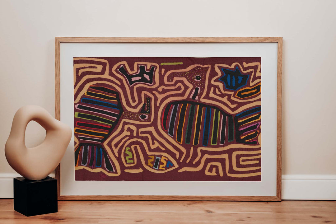 Panama mola panel, striped turkeys strutting among light orange maze lines, hand stitched reverse applique
