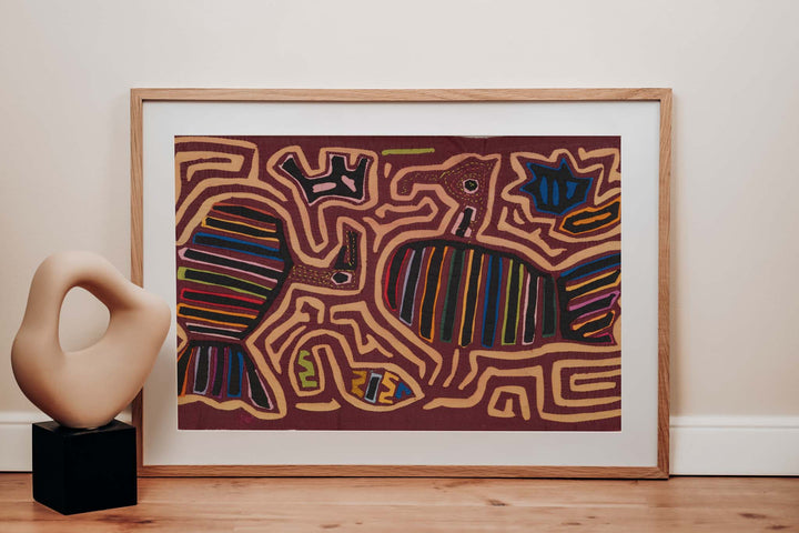 Panama mola panel, striped turkeys strutting among light orange maze lines, hand stitched reverse applique