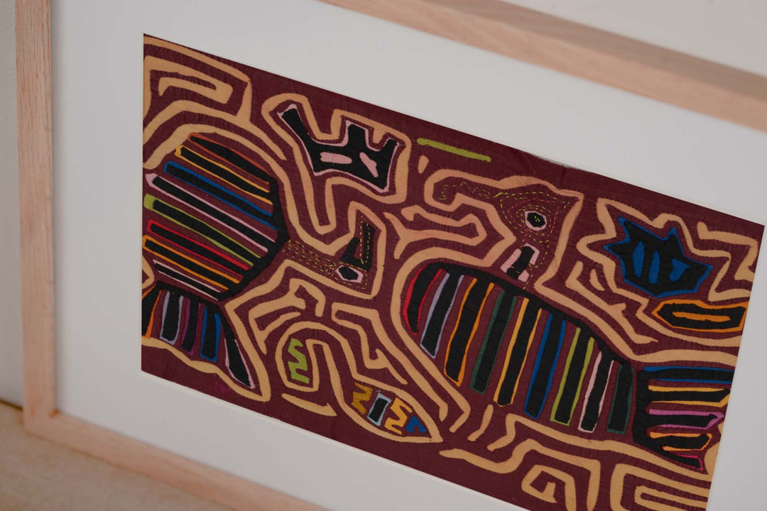 Hand stitched Guna mola from Guna Yala Panama, turkey family with little flowers on burgundy