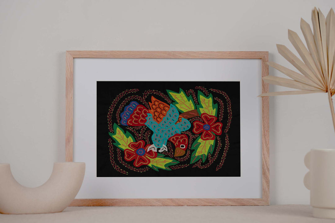 Red Blue And Orange Parrot With Flower Mola