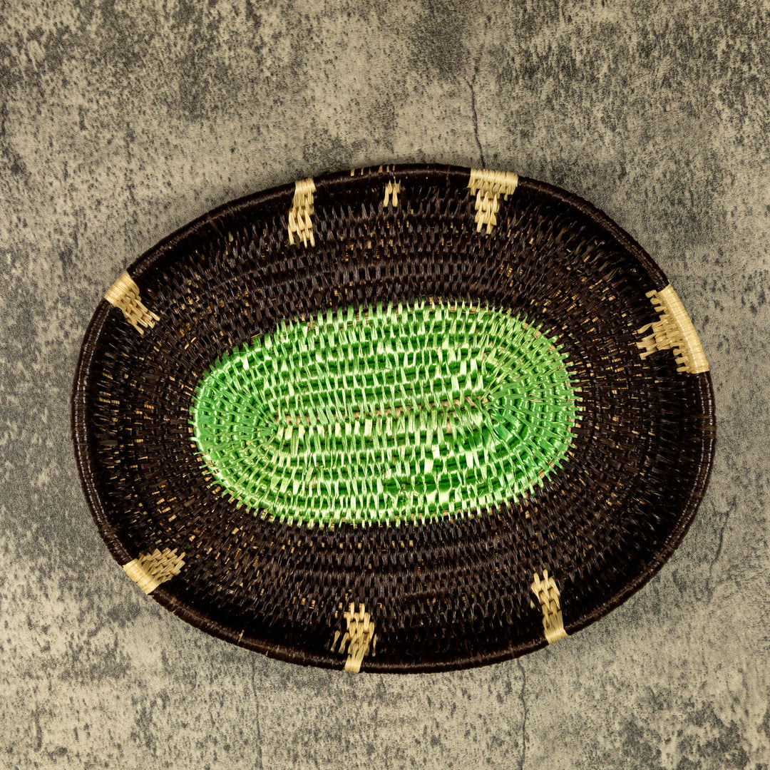 Black Green And White Oval Hand Woven Plate Basket
