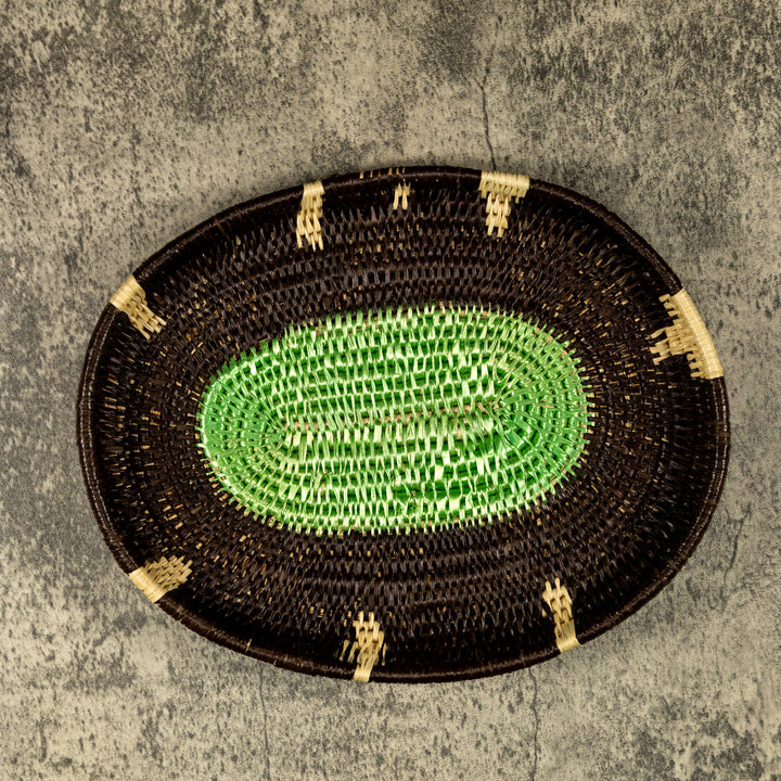 Black Green And White Oval Hand Woven Plate Basket