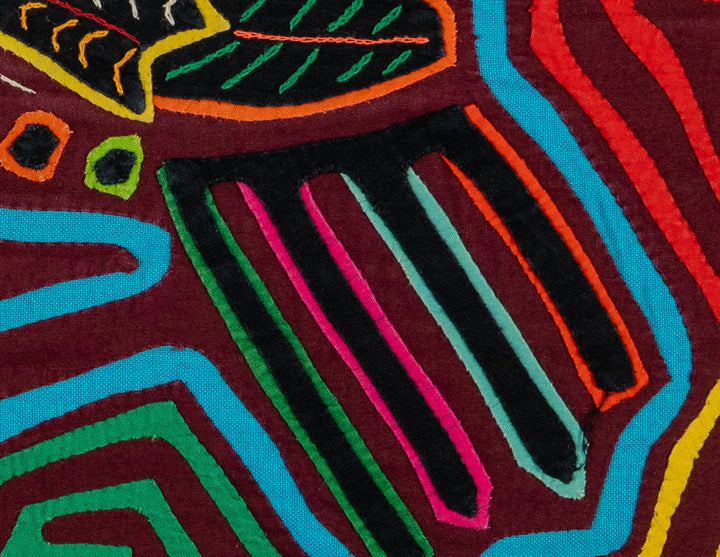Parrot with a bitty beak mola, hand stitched Guna panel from Panama, 16 by 13 inches