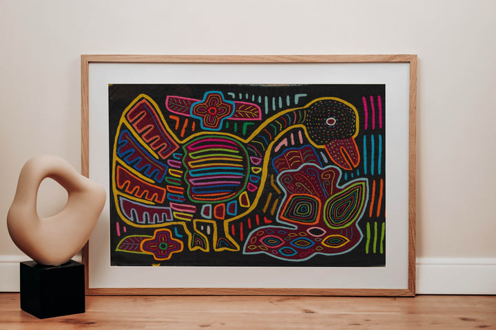 Panama mola panel, striped goose and a second bird on black, hand stitched reverse applique