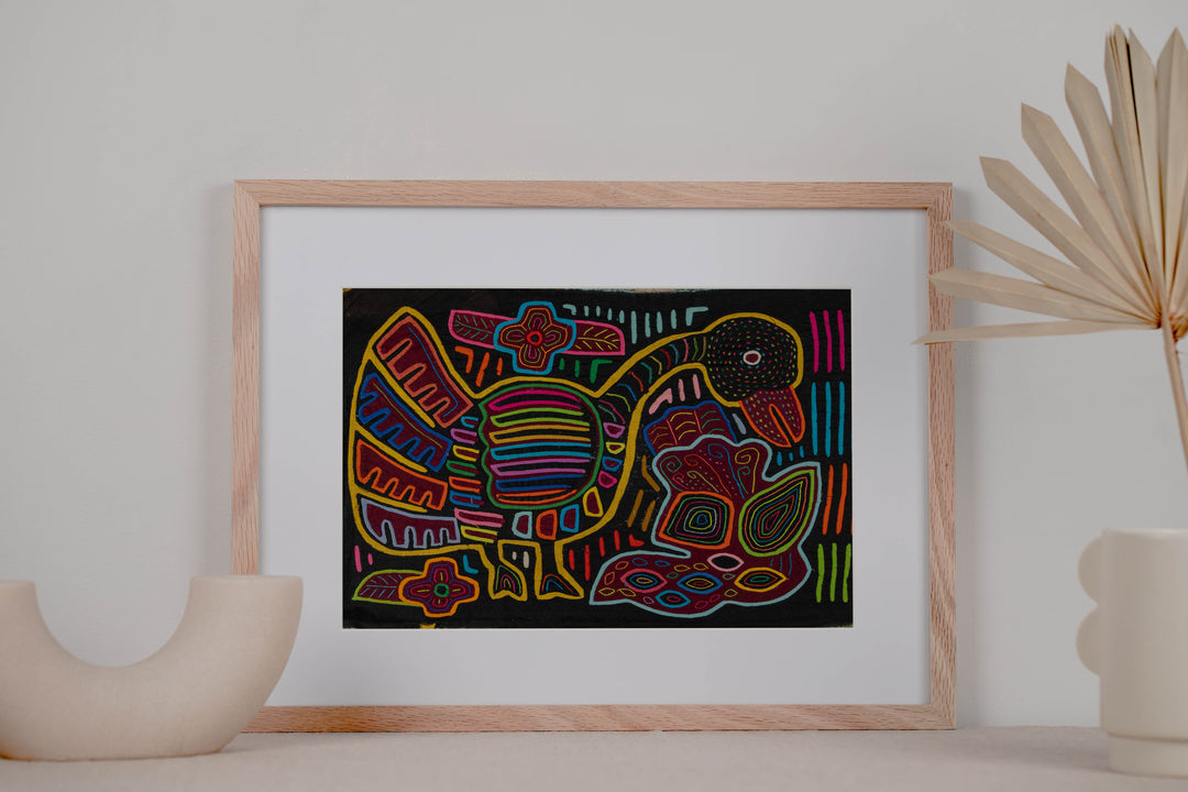 Panama mola panel, striped goose and a second bird on black, hand stitched reverse applique