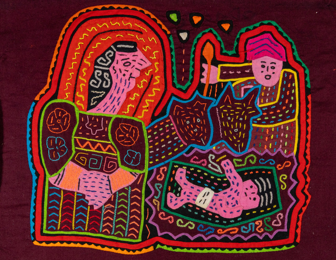 Nativity with women and baby mola, hand stitched Guna panel from Panama, 14 by 12 inches
