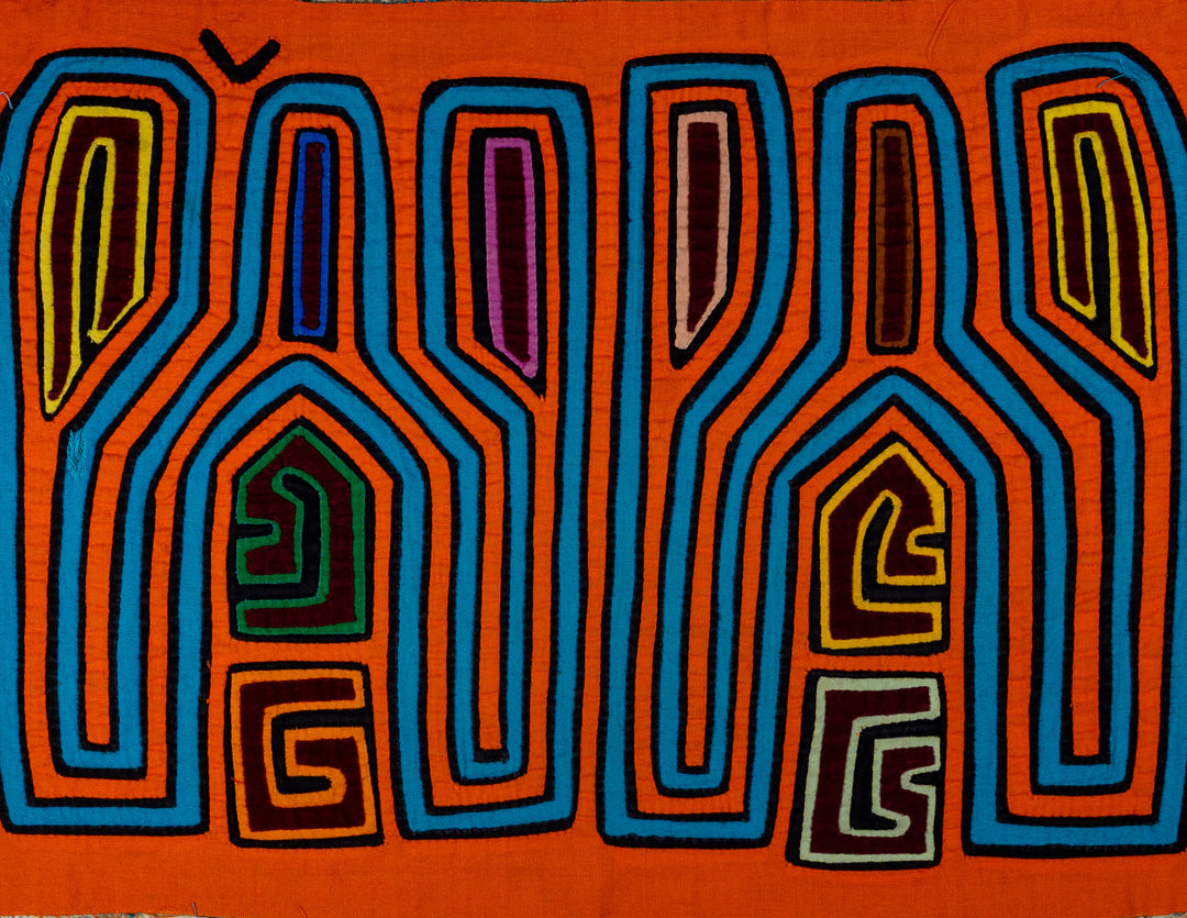 Row of tuning forks mola, hand stitched Guna panel from Panama, 15 by 10.5 inches