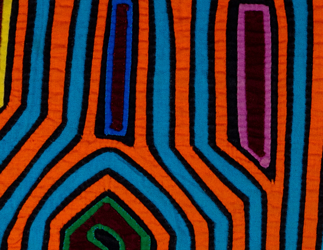 Row of tuning forks mola, hand stitched Guna panel from Panama, 15 by 10.5 inches
