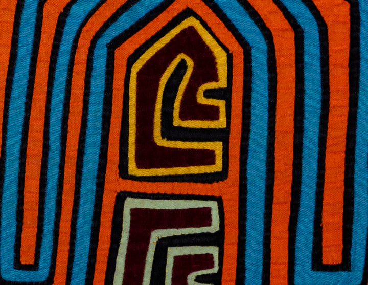 Row of tuning forks mola, hand stitched Guna panel from Panama, 15 by 10.5 inches