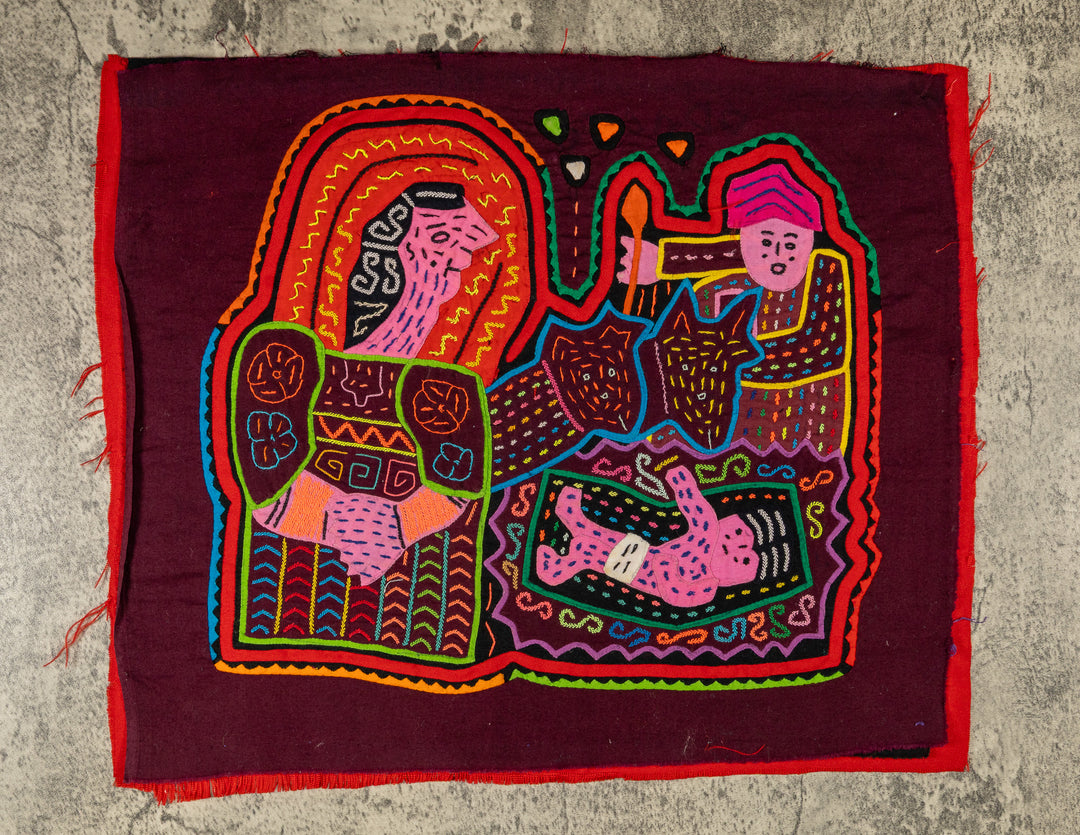 Panama mola panel, woman holding a baby with a torch bearer and a child on maroon, hand stitched reverse applique