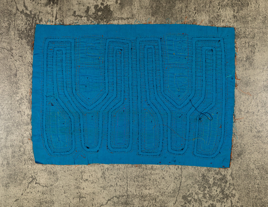 Row of tuning forks mola, hand stitched Guna panel from Panama, 15 by 10.5 inches